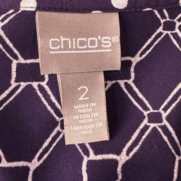 Chico’s SZ 2 (Large) Top Geometric Button-Up V-Neck 3/4 Sleeves Collared Purple - Picture 7 of 9